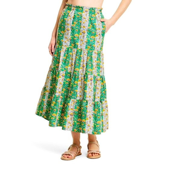 RHODE target Whimsical Green & Yellow Floral & Stripe Print Ruffled Midi Skirt - Picture 3 of 15